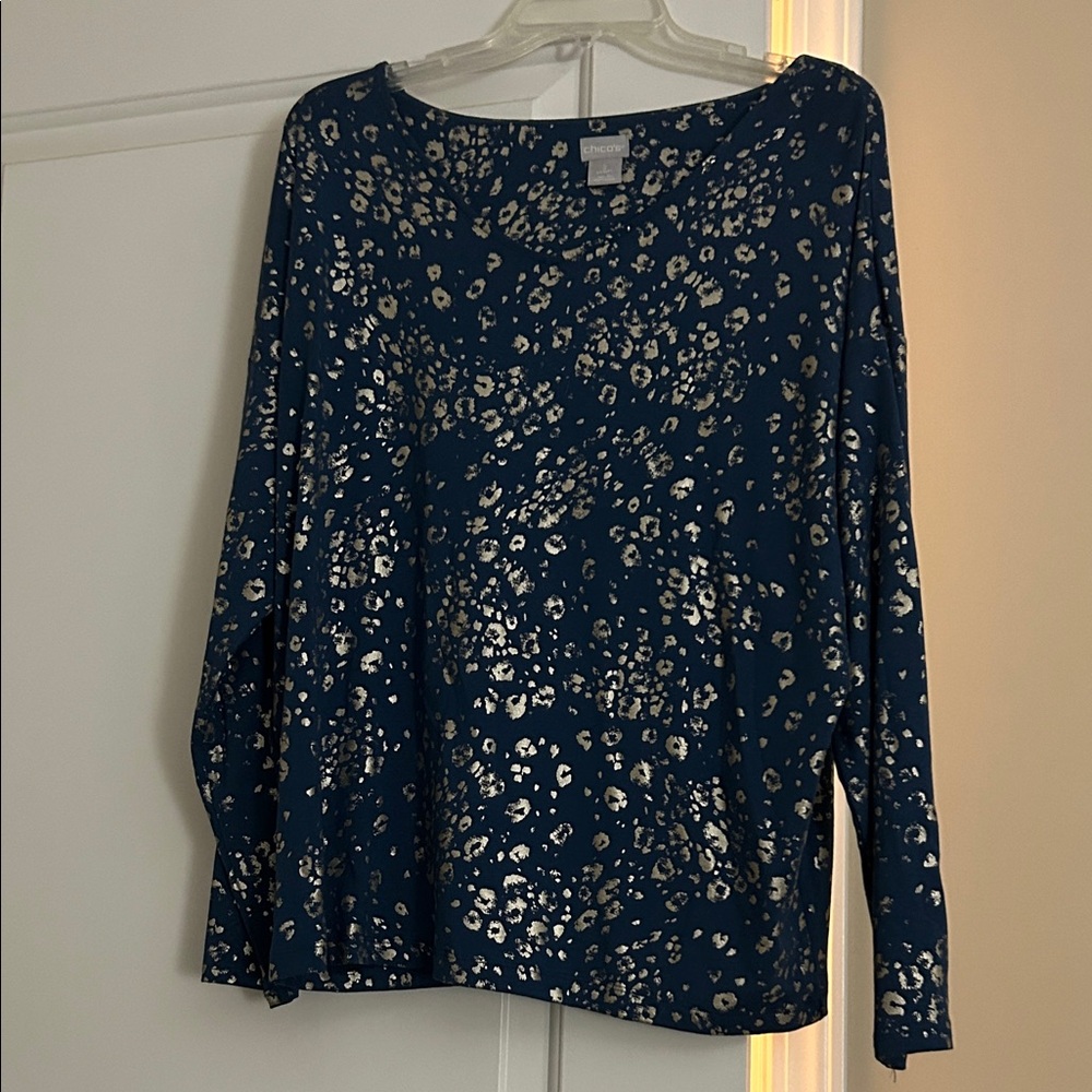 Chico's Blue and Gold Patterned Long Sleeve Top